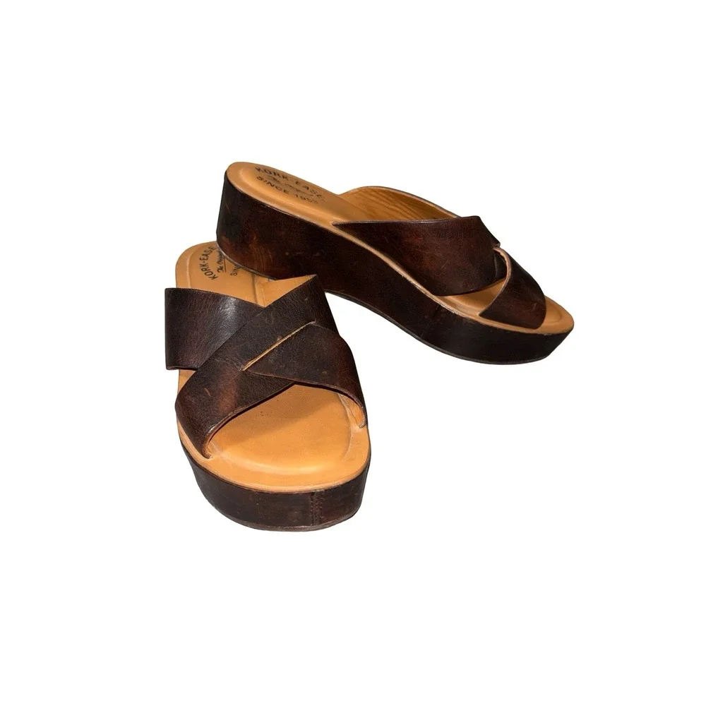 Kork-Ease Womens Size 10 Brown Leather Platform Wedge Slide Sandals K16223